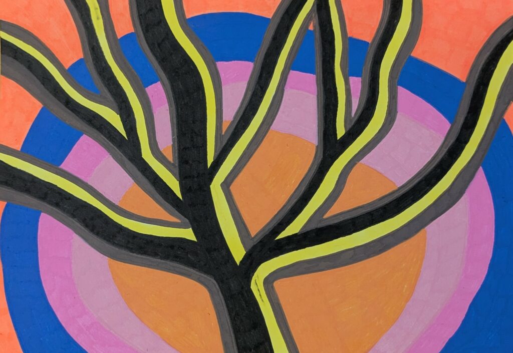 Dessin coloré. Arrière plan avec cercles concentriques oranges, roses et bleus. Arbre au premier plan qui semble ouvrir ses branches vers le ciel. Le tronc et les branches sont noirs et jaunes.