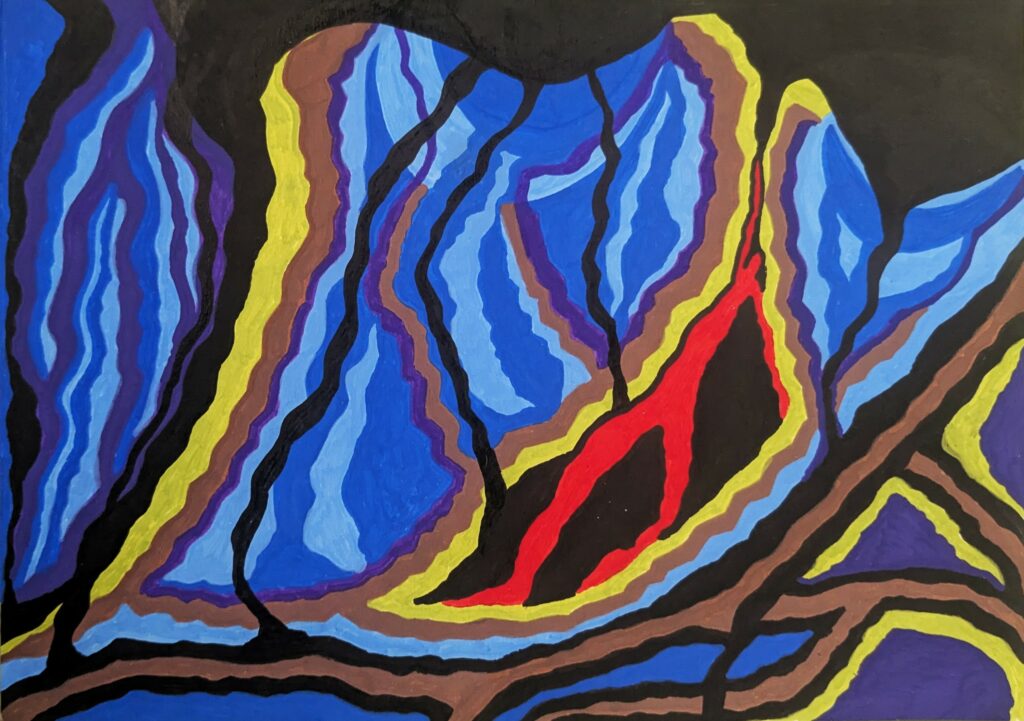Dessin abstrait feutres acryliques. Impression de profondeur, cavité souterraine. Dominantes chromatiques : bleu, noir, rouge. Un être humain (en rouge) est perdu dans la grotte.