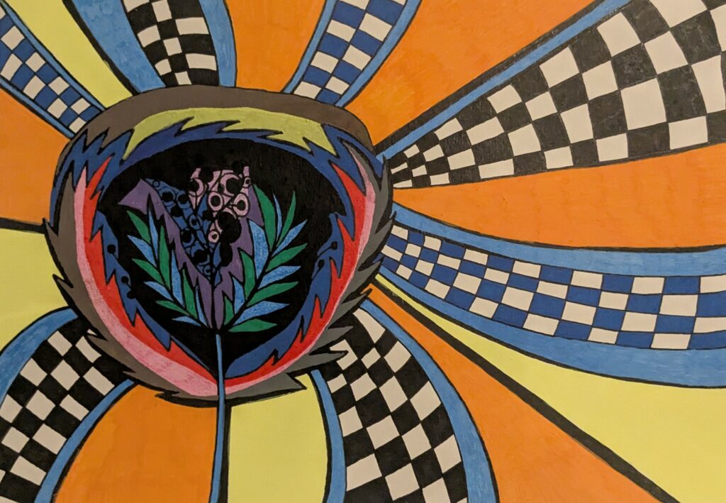 Dessin abstrait. Sorte de fleur nucléaire. Au premier plan : une fleur composée d'un seul cœur, noir avec des lames colorées. Le fond est scindé en plusieurs espaces colorés. Jaune, orange, noir, bleu. Damier blanc et bleu sur certaines zones colorées.  