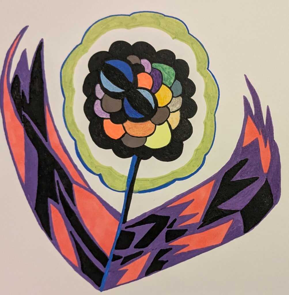 Dessin abstrait, feutres acryliques. Sorte de fleur. Nébuleuse. bulles colorées qui forment le cœur de la fleur. Cerne noir tout autour. Contrastes. Feuilles de la fleur sont comme des lames violettes, roses et noires.