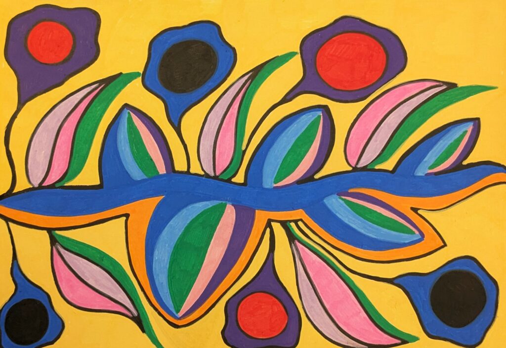 Dessin abstrait, feutres acryliques. Dominante de jaune. Comme une branche d'où partent plusieurs fleurs. La branche est bleue, les fleurs sont rouges, violettes, et bleues.