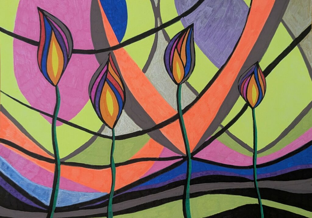 Dessin abstrait où l'on imaginer quatre fleurs qui poussent. Une seule a des feuilles, qui sont de couleur orange. Des lignes noires traversent la feuille de droite à gauche. Le fond est très coloré. Couleurs vives.