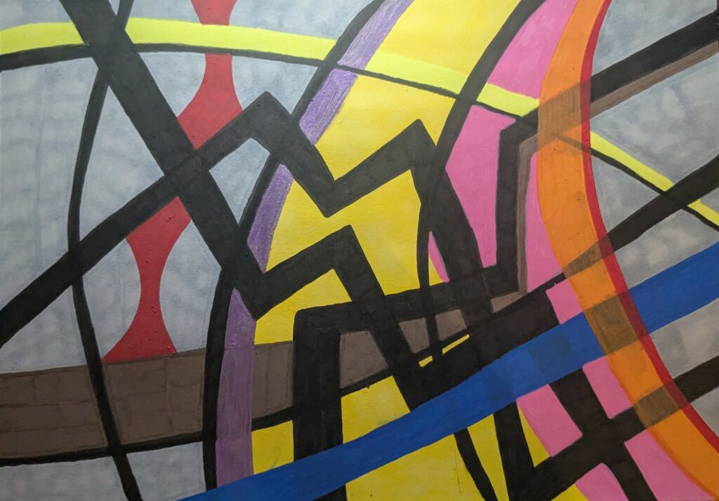 Dessin abstrait avec feutres acryliques. Composition abstraite aux lignes épaisses entrecroisées, en noir, jaune, bleu, rose et orange, sur un fond texturé gris et rouge. L’ensemble évoque un réseau chaotique ou une carte urbaine déformée. 
Entrelacs de forces vives, comme un choc d’énergies en mouvement, un labyrinthe vibrant de couleurs franches et de tensions contenues.