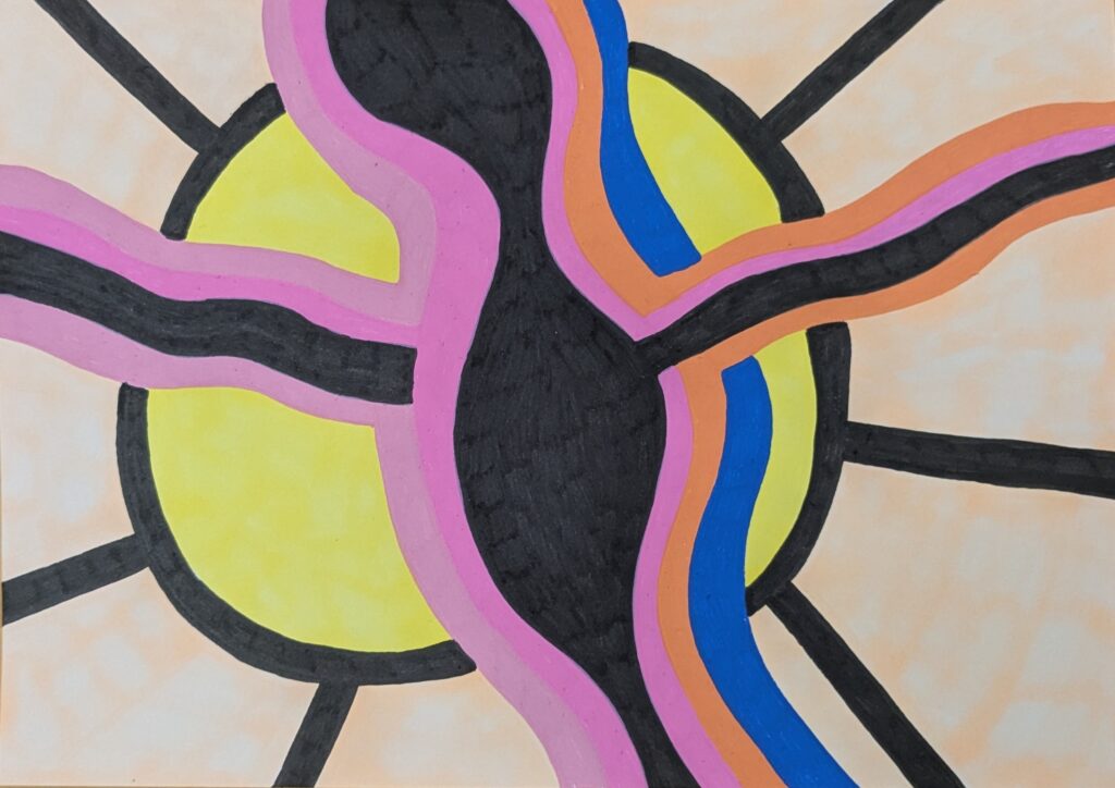 Dessin abstrait avec feutres acryliques composé d'une silhouette exposée, au premier plan, bras ouverts, en croix. Et, en fond, un immense soleil cerné de noir. La silhouette est noire, cernée de rose et d'orange.
