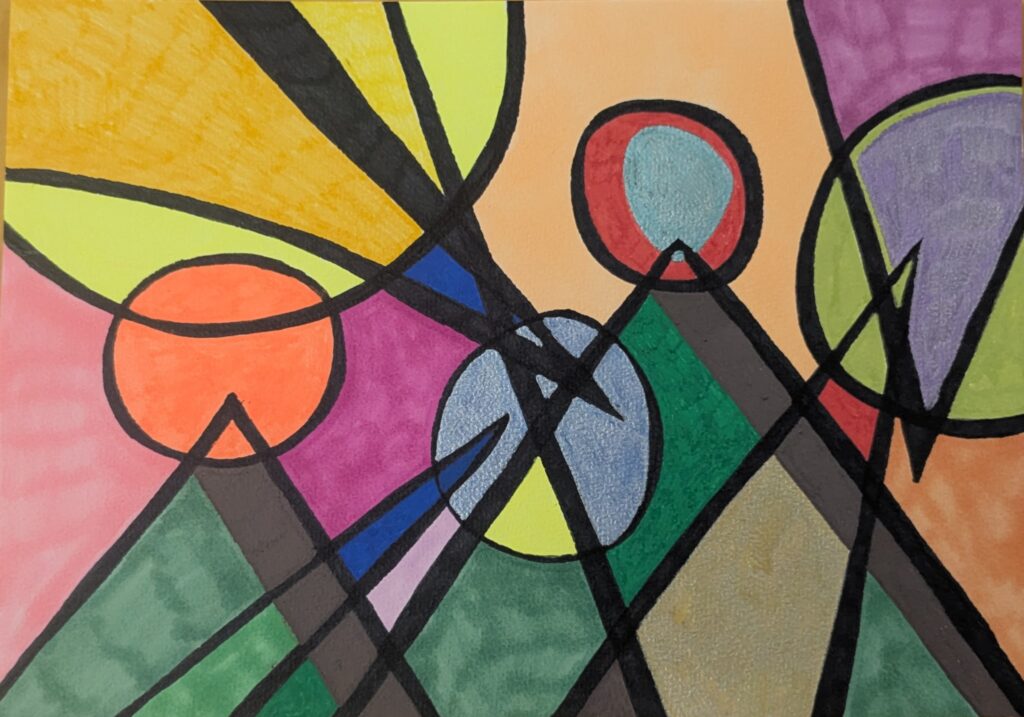 Dessin abstrait composé de triangles verts évoquant des montagnes et de cercles colorés superposés, sur fond orangé et rose. Des lignes noires traversent l’ensemble, créant une tension graphique entre les formes. Soleils éclatés et montagnes en veille, dans un ciel traversé de signes. Un paysage intérieur où l’abstraction devient territoire.