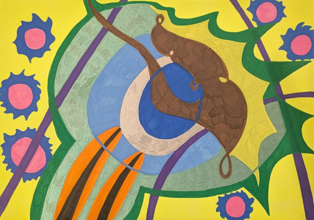 Dessin abstrait avec feutres acryliques. Illustration abstraite aux formes organiques et dynamiques sur fond jaune vif. Un noyau bleu et marron semble tournoyer au centre, entouré de motifs verts, orangés et violets, avec des éléments circulaires bleus à cœurs roses en périphérie. Explosion solaire d’un monde intérieur, où des formes végétales, cosmiques et animales s’enlacent autour d’un cœur vibrant. Un théâtre étrange aux couleurs éclatantes et sensibles.