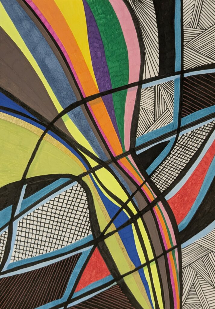 Dessin abstrait avec feutres acryliques. Plusieurs lignes s'entrecroisent. Quelques zones hachurées en noir et blanc autour de la forme centrale, composée de plusieurs lignes de couleur. On pourrait y voir un oiseau qui plonge dans une architecture métallique.