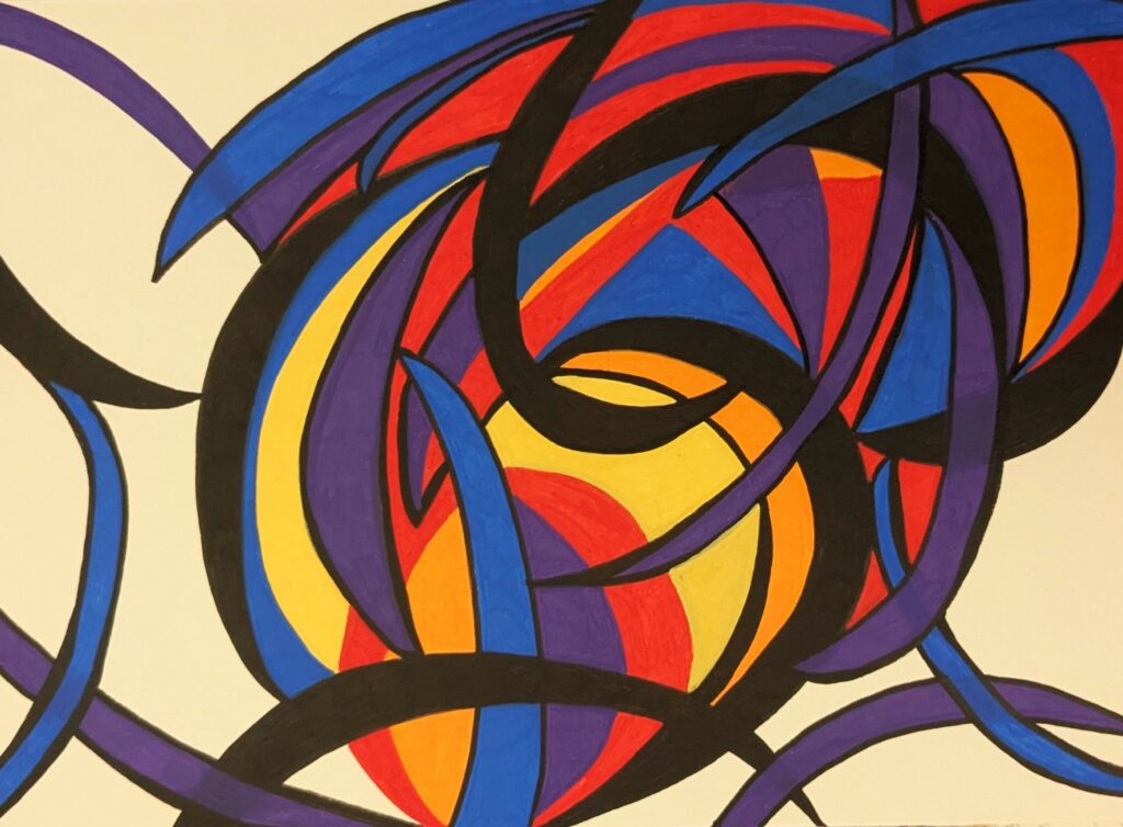 Œuvre abstraite composée de courbes entrelacées noires, violettes et bleues, encerclant un centre chaud aux teintes rouges, jaunes et orangées. Le tout forme une spirale intense sur fond clair.
Cœur incandescent enserré par des lianes sombres et mouvantes. Une lutte vibrante entre feu intérieur et forces extérieures, dans une danse envoûtante.
