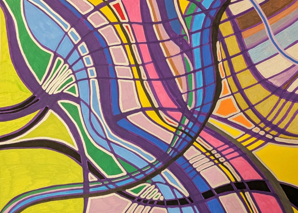 Œuvre abstraite aux entrelacs courbes et colorés, composés de segments violets, roses, jaunes, verts et bleus. La composition évoque un réseau organique fluide sur fond jaune et vert acide.
