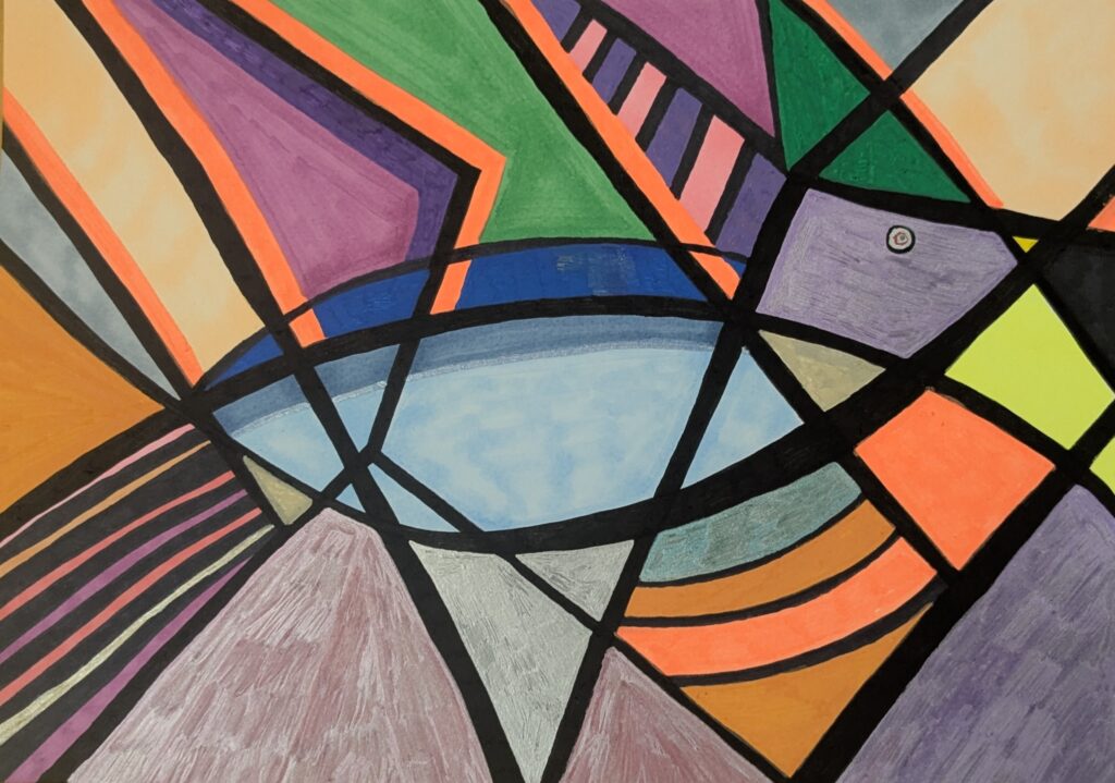 Œuvre abstraite composée de formes géométriques aux bords noirs épais, traversées de couleurs contrastées : orange, violet, vert, bleu, rose. Une forme centrale bleue évoque un lac ou un œil stylisé, entourée de segments dynamiques.