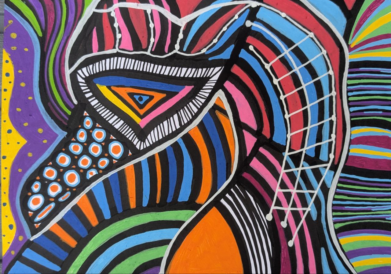 dessin acrylique graphismes et abstraction. Oiseau cerné de noir et de blanc. Multicolores et hypnothiques ! 